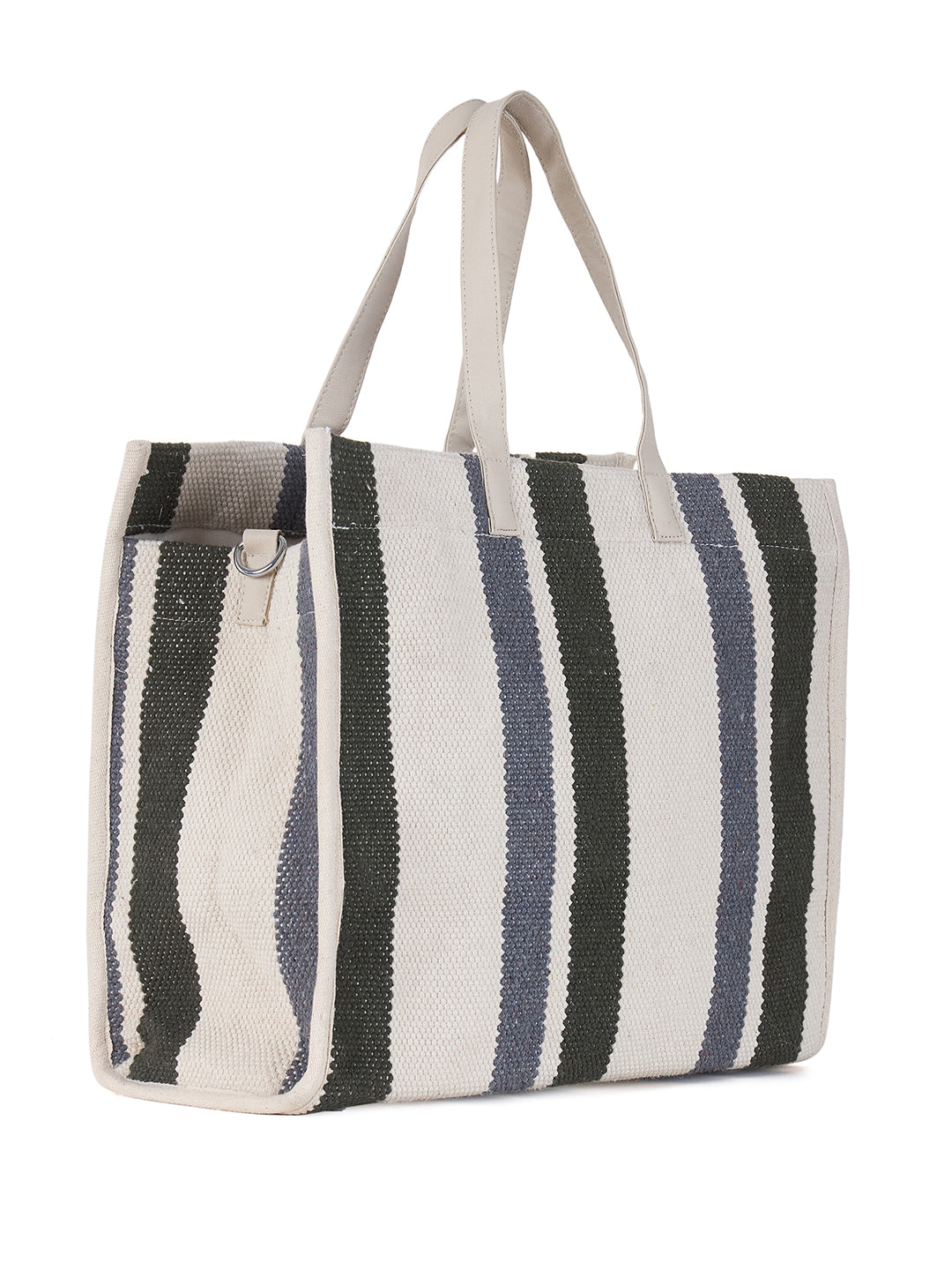 PRIMROSE Striped Canvas Tote Bag, Dual Carry Handles, Adjustable Shoulder Strap, White Grey Green