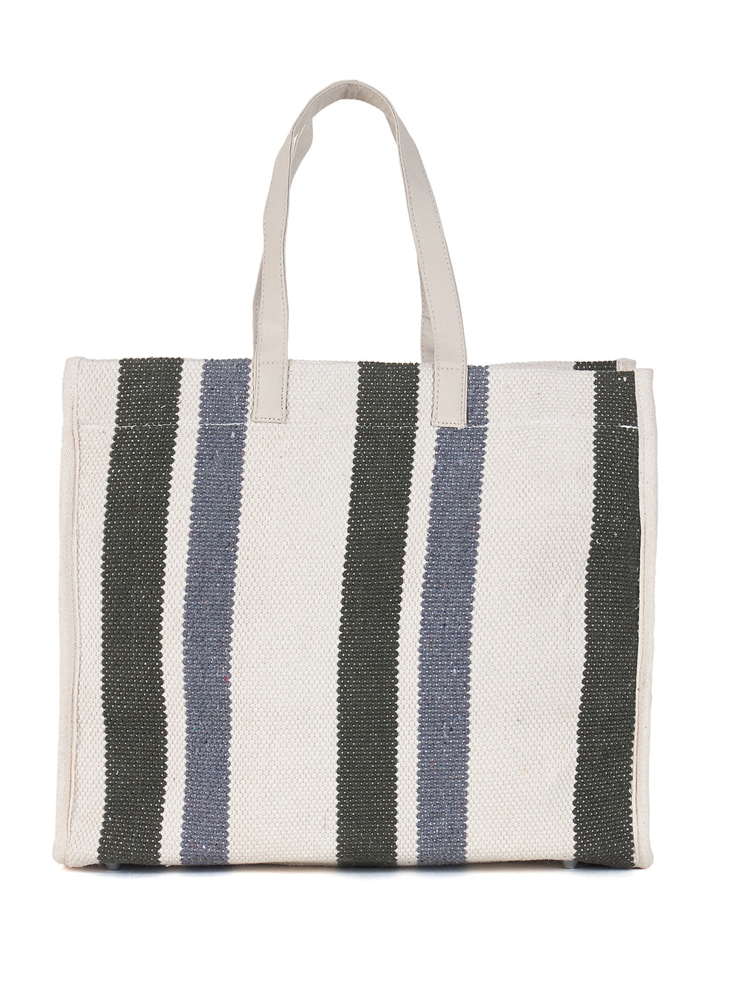 PRIMROSE Striped Canvas Tote Bag, Dual Carry Handles, Adjustable Shoulder Strap, White Grey Green