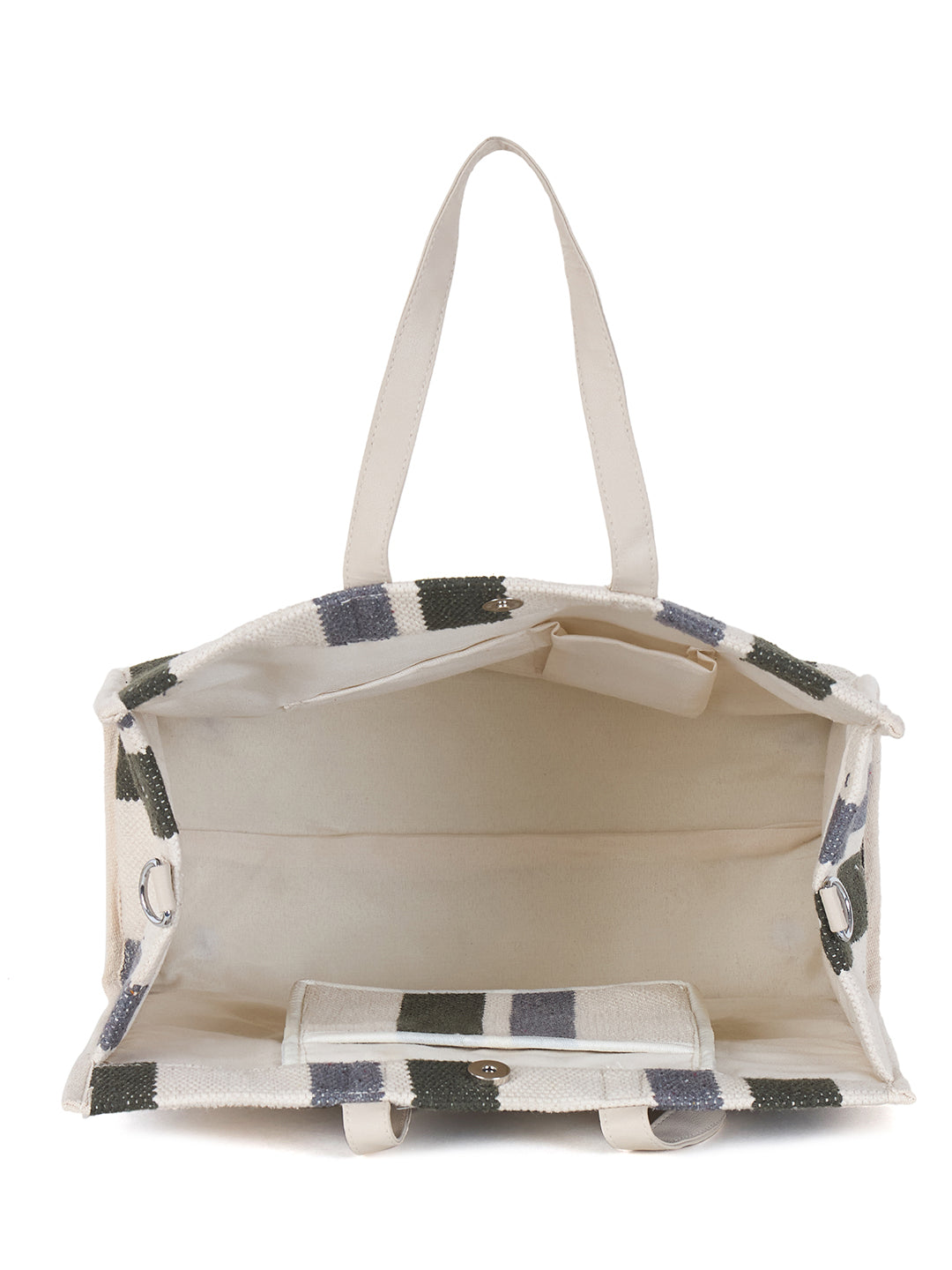 PRIMROSE Striped Canvas Tote Bag, Dual Carry Handles, Adjustable Shoulder Strap, White Grey Green