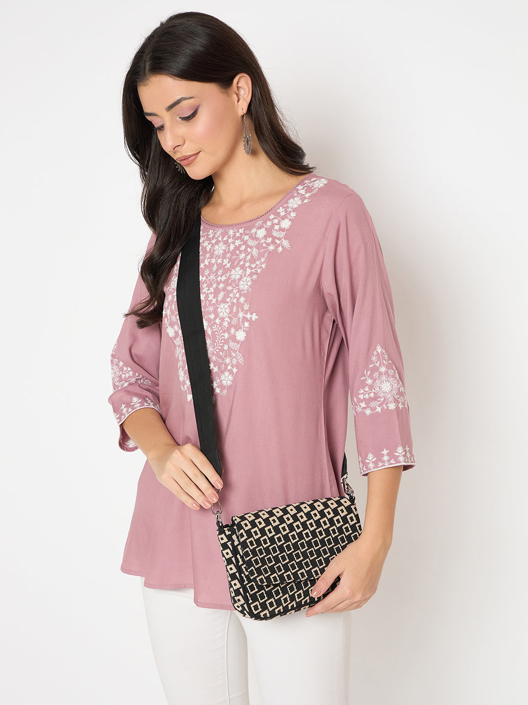 PRIMROSE Geometric Pattern Crossbody Bag, Black and White Print, Adjustable Shoulder Strap