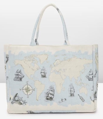 PRIMROSE World Map Print Tote Bag with Nautical Elements, Blue and White