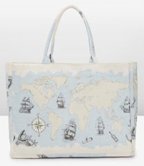 PRIMROSE World Map Print Tote Bag with Nautical Elements, Blue and White