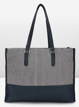 PRIMROSE Striped Canvas Tote Bag with Navy Leather Trim, Large Shoulder Straps, Black and White
