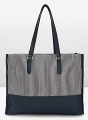 PRIMROSE Striped Canvas Tote Bag with Navy Leather Trim, Large Shoulder Straps, Black and White
