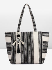 PRIMROSE Boho Tote Bag with Tassel, Black and Beige
