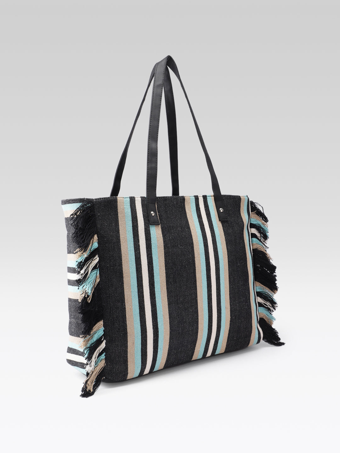 PRIMROSE Striped Beach Tote Bag, Jacquard Material, Black with Turquoise and Beige Stripes, Fringe Detail, Shoulder Straps