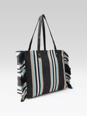 PRIMROSE Striped Beach Tote Bag, Jacquard Material, Black with Turquoise and Beige Stripes, Fringe Detail, Shoulder Straps