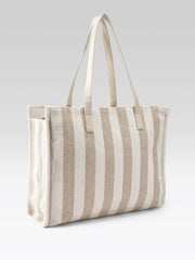 PRIMROSE Striped Tote Bag, Beige and White Vertical Stripes, Canvas Material, Shoulder Handbag with Handles
