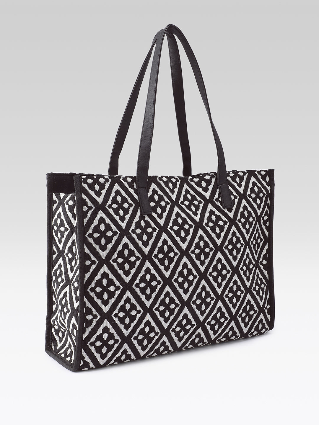 PRIMROSE Tote Bag, Black and White Geometric Diamond Pattern