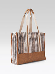 PRIMROSE Woven Tote Bag, Striped Pattern, Brown Leather Trim, Canvas Handles, Shoulder Bag
