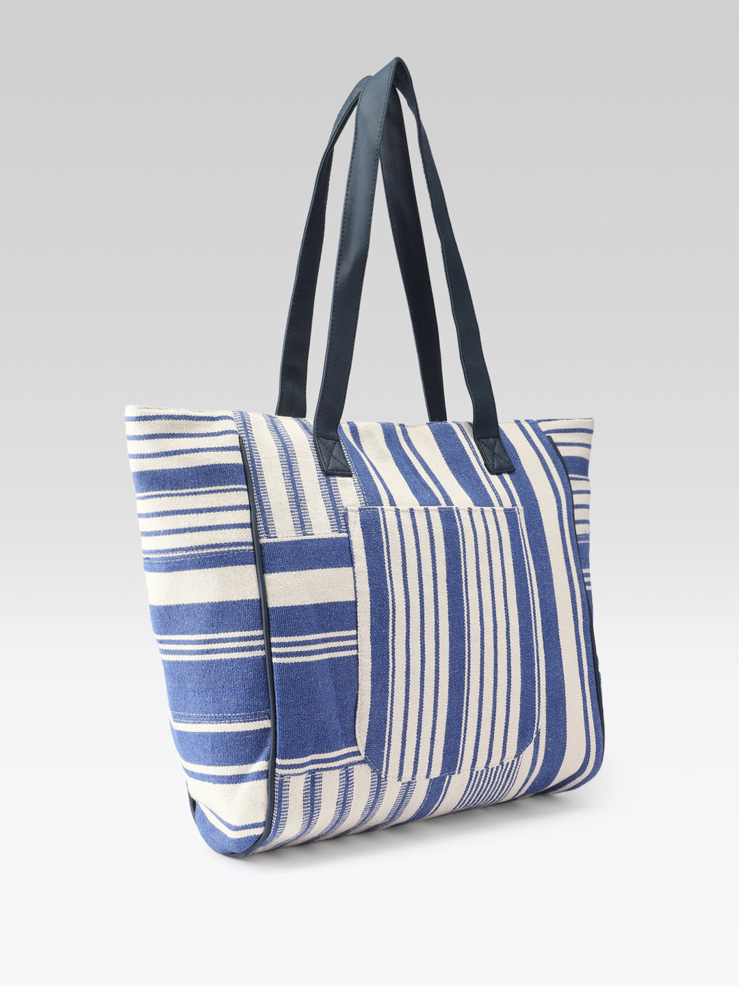 PRIMROSE Striped Tote Bag, Blue and Cream, Canvas Material, Patchwork Design, Shoulder Bag