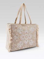 PRIMROSE Jute Tote Bag with Sequin Embellishment, Beige, Fringe Detail, Shoulder Handles
