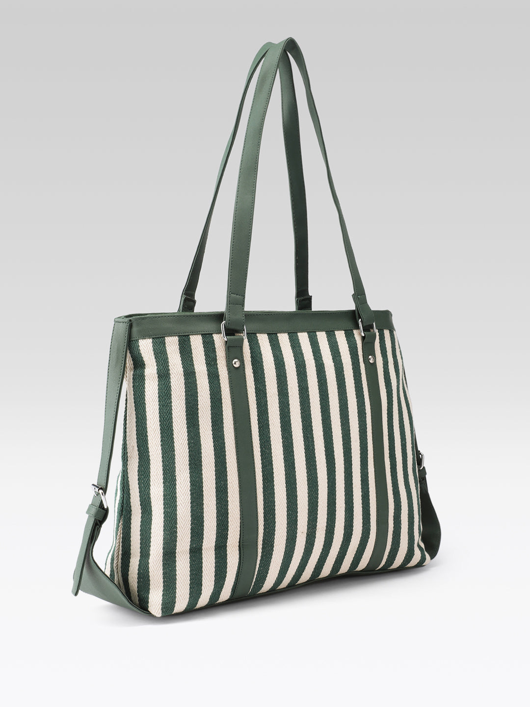 PRIMROSE Striped Canvas Tote Bag, Green and Beige, Shoulder Bag with Dual Handles