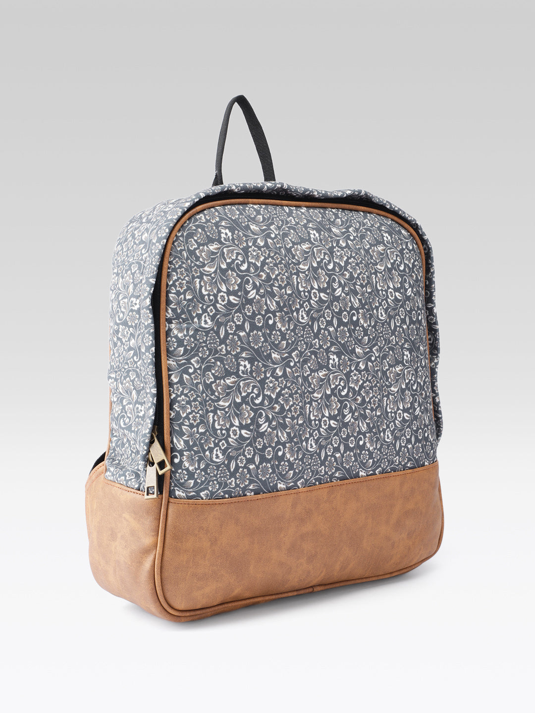 PRIMROSE Floral Print Backpack with Brown Polyvinyl Chloride Base, Grey and Beige Pattern, Casual Travel Bag