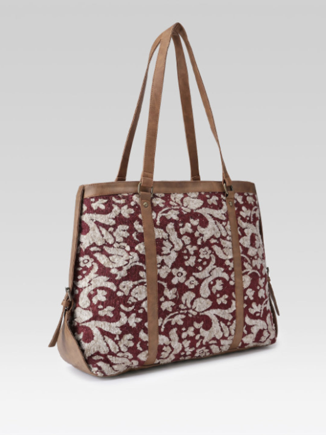 PRIMROSE Floral Tote Bag, Burgundy and Cream, Zip Closure, Spacious Shoulder Bag