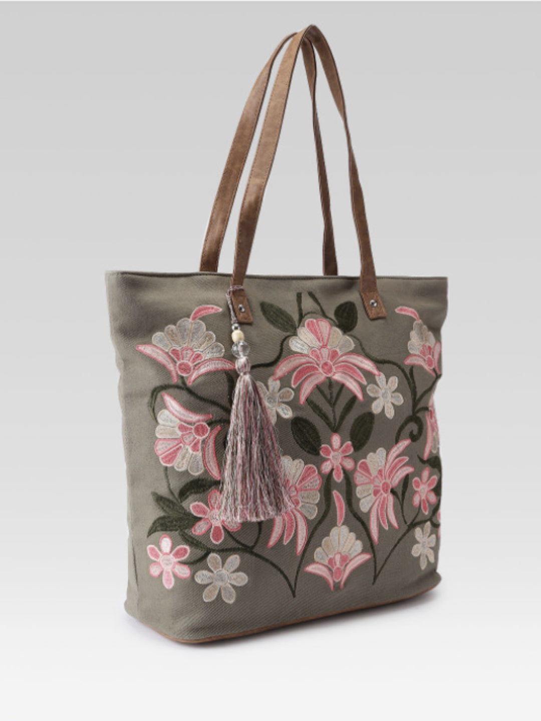 PRIMROSE Floral Embroidered Tote Bag, Olive Green, With Tassel Charm, Boho Style