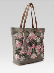 PRIMROSE Floral Embroidered Tote Bag, Olive Green, With Tassel Charm, Boho Style