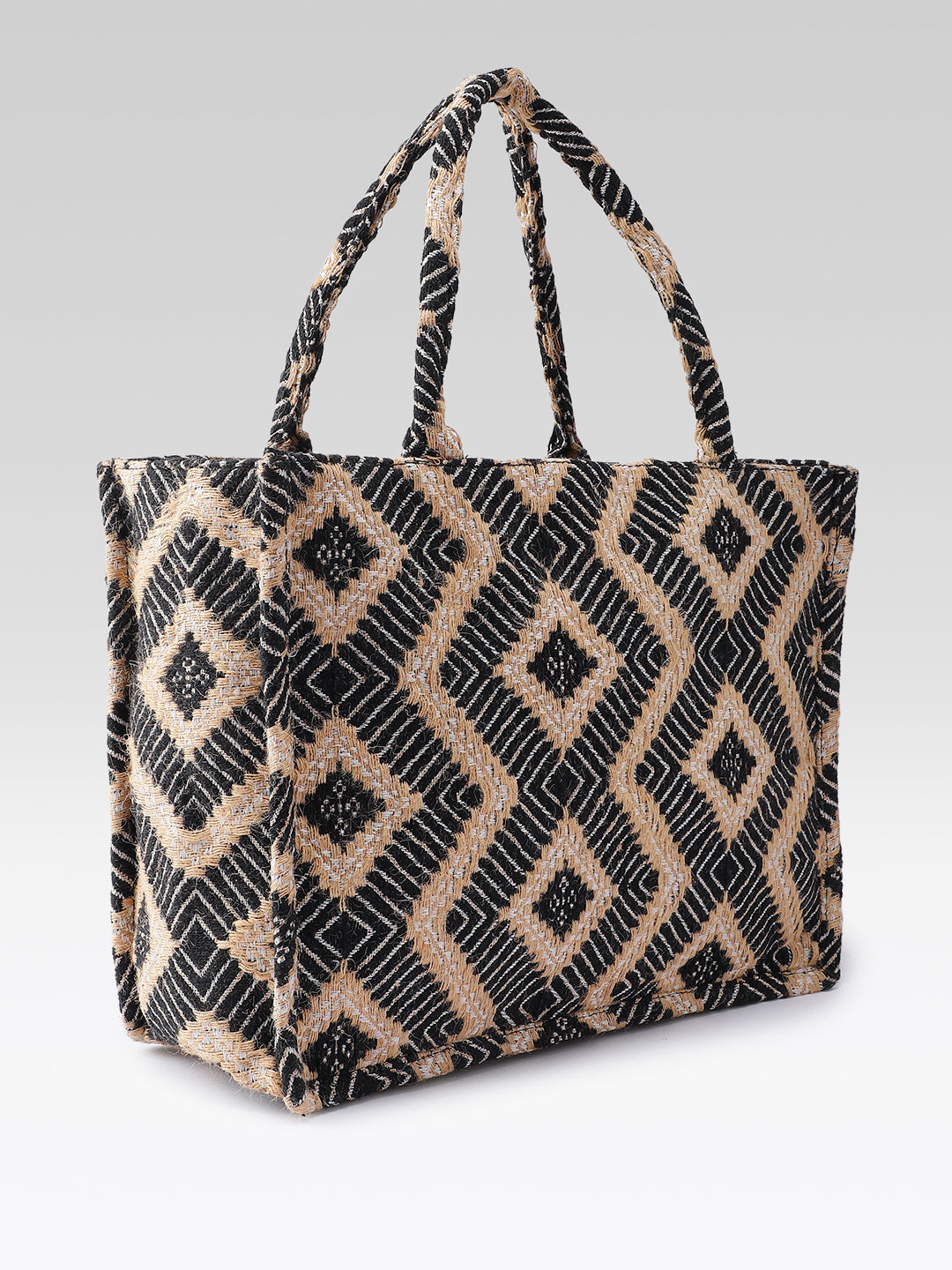 PRIMROSE Jute Tote Bag, Black and Natural Diamond Pattern, Handwoven