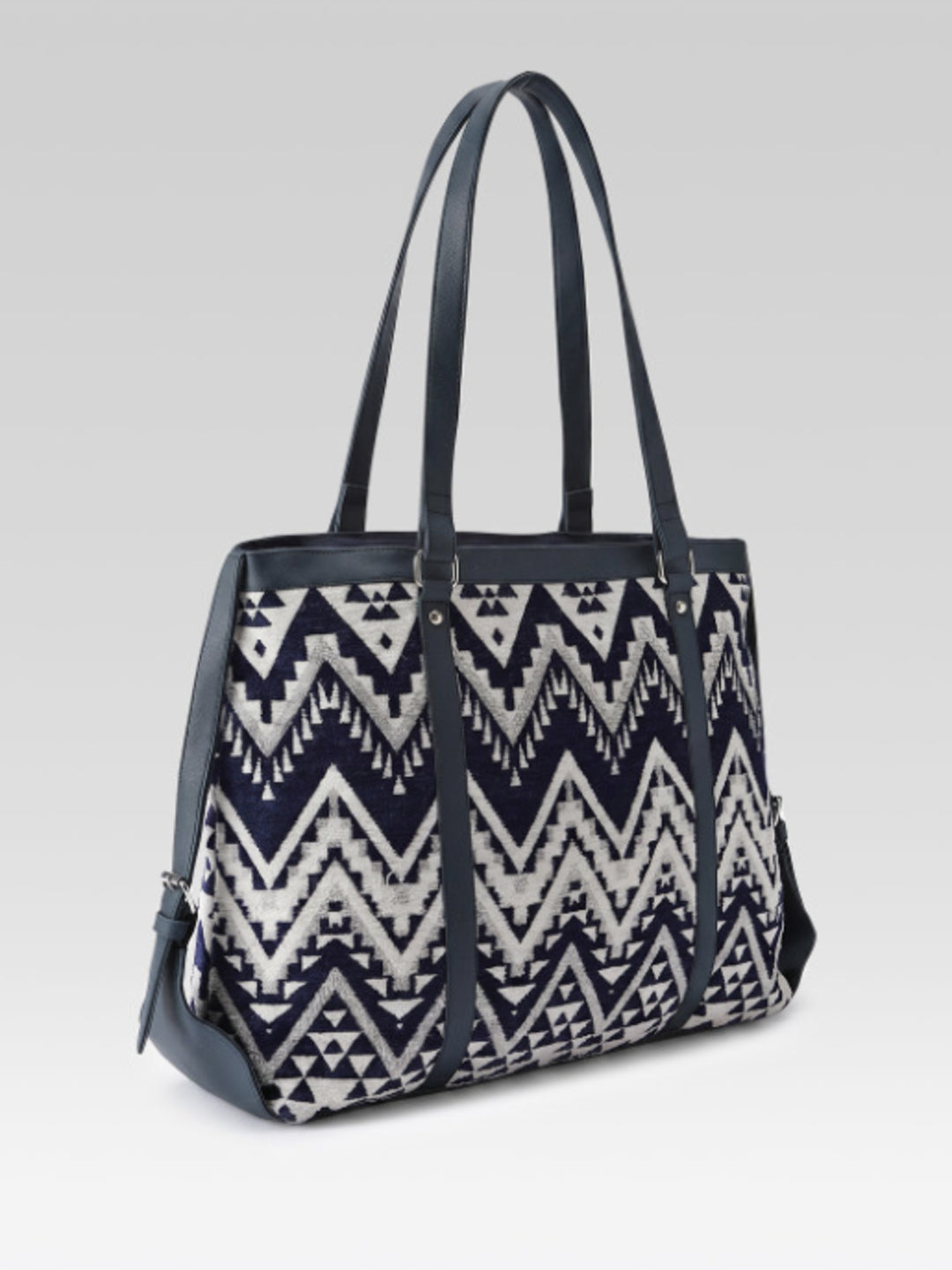 PRIMROSE Aztec Chevron Print Tote Bag, Navy Blue and White, Woven Fabric, Spacious Shoulder Bag