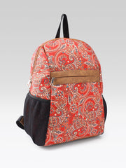 PRIMROSE Paisley Print Backpack, Red, Canvas with Suede Accent, Black Straps, Side Pockets