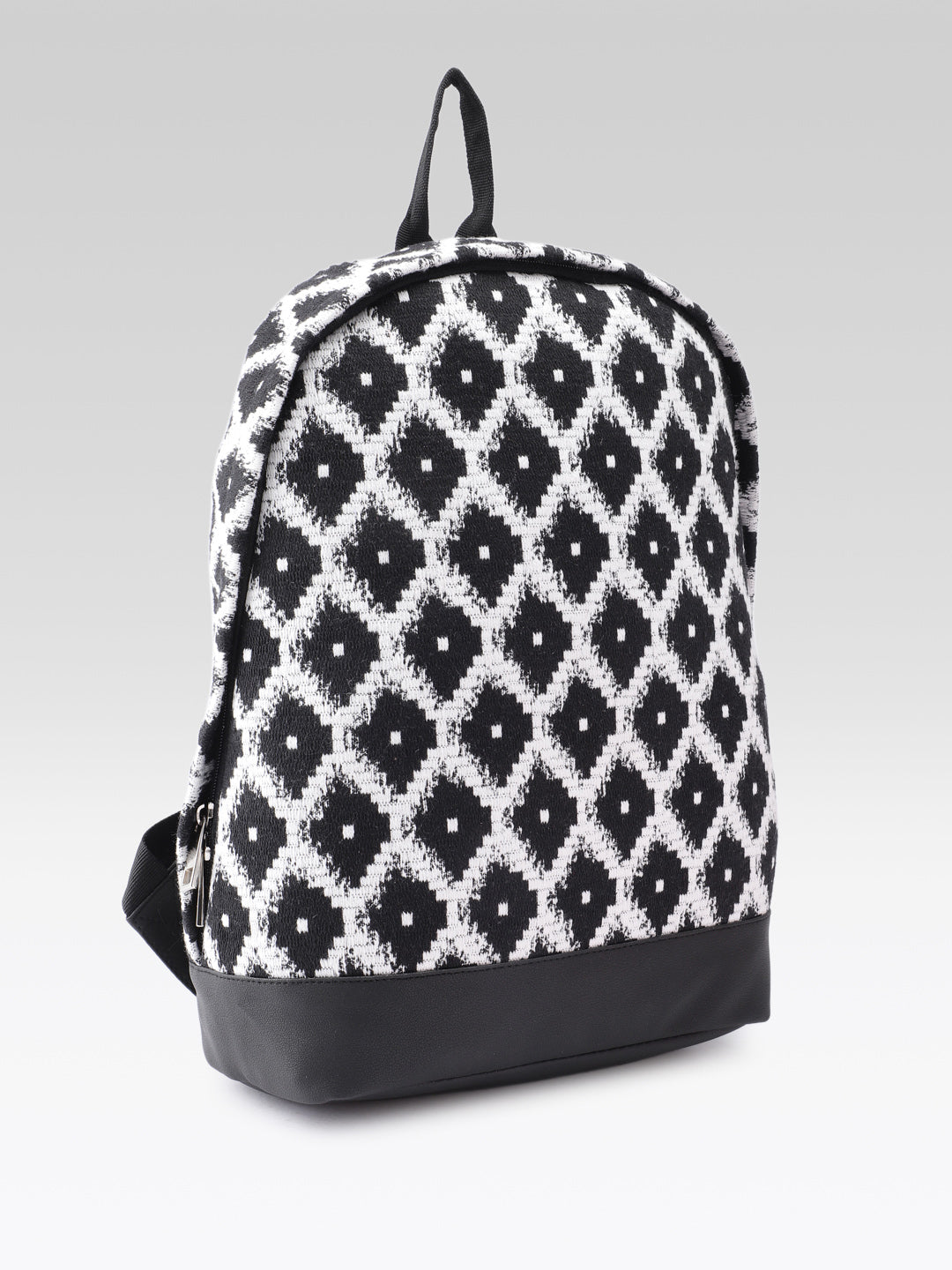 PRIMROSE Backpack with Geometric Diamond Pattern, Black and White, Adjustable Straps