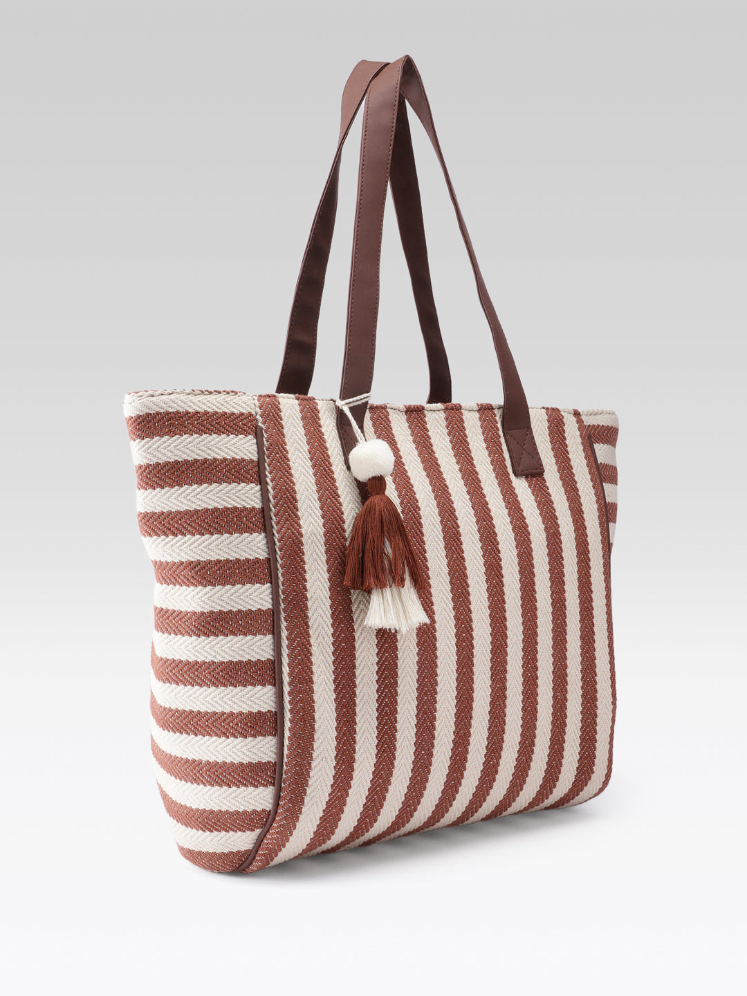 PRIMROSE Striped Tote Bag, Brown and Cream Vertical Stripes, Tassel Charm Detail