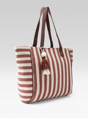 PRIMROSE Striped Tote Bag, Brown and Cream Vertical Stripes, Tassel Charm Detail