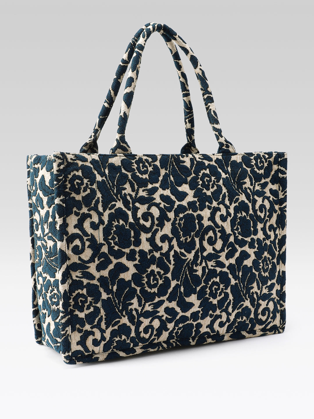 PRIMROSE Woven Tote Bag, Ethnic Print, Cotton Fabric (Navy Blue)