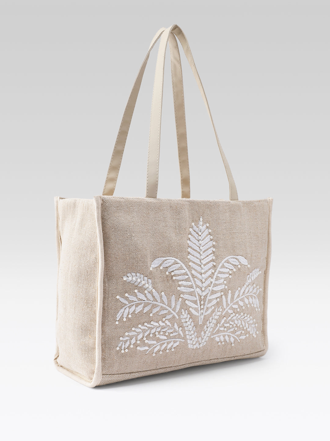 PRIMRSE Jute Tote Bag with Embroidered Fern Design