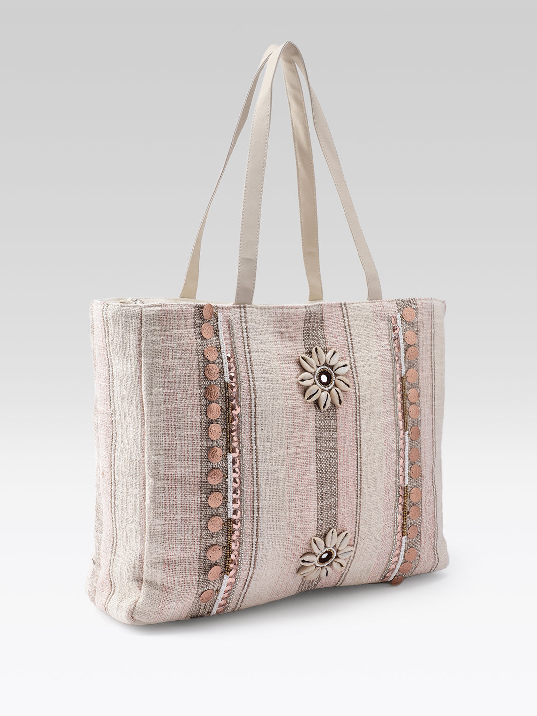 PRIMROSE Striped Tote Bag with Floral Embellishment, Beige, Jacquard, Shoulder Bag, Embroidered Design