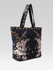 PRIMROSE Floral Embroidered Tote Bag, Navy Blue, Zipper Closure, Boho Style