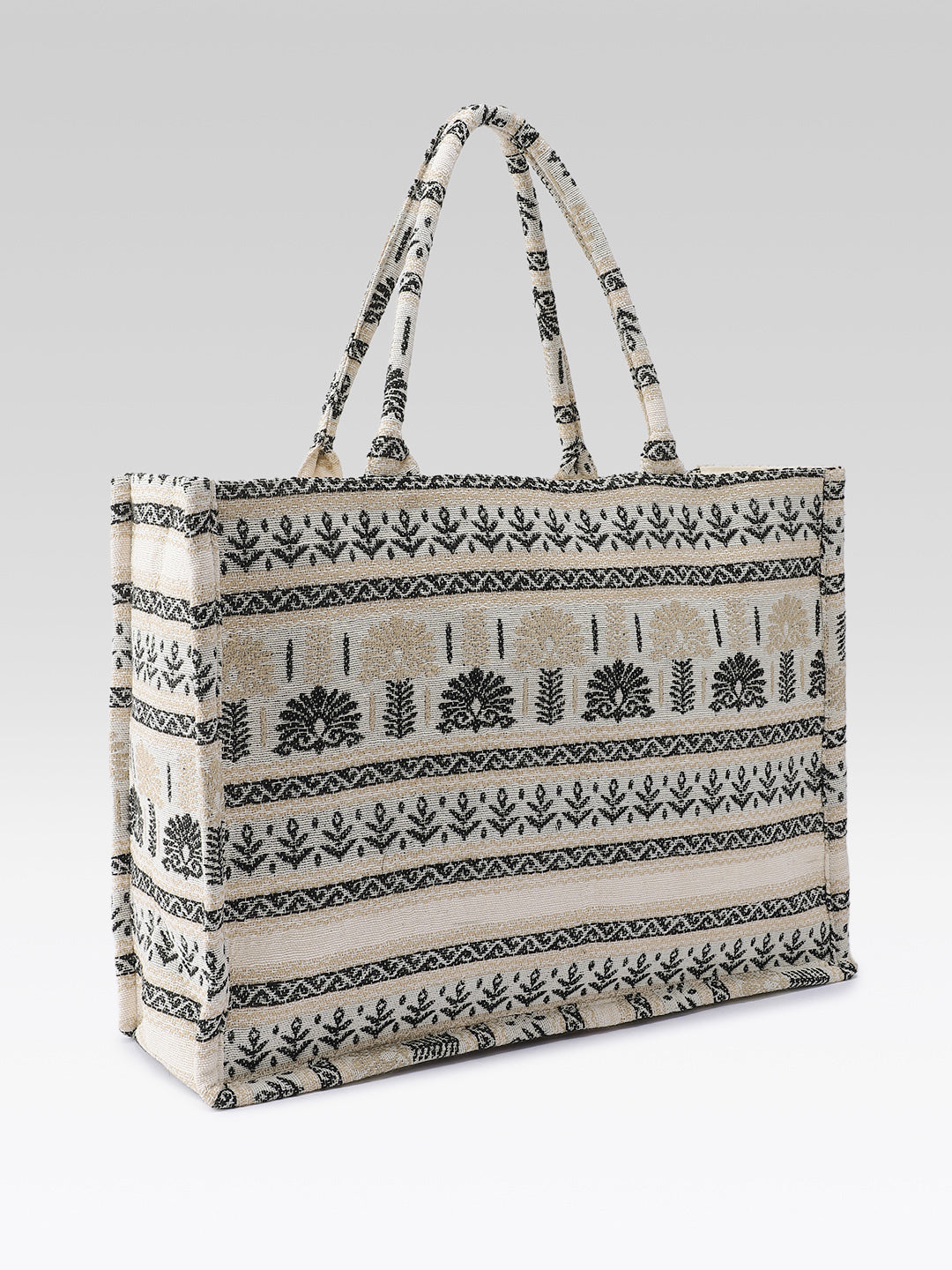 PRIMROSE Woven Tote Bag, Beige and Black, Ethnic Print, Cotton Fabric