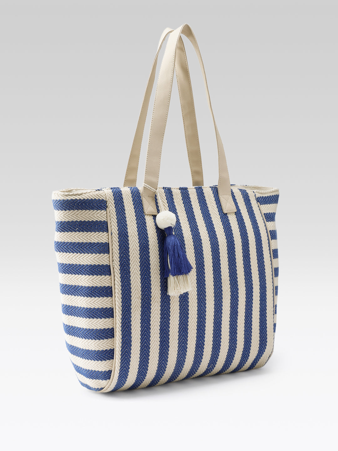 PRIMROSE Striped Tote Bag, Blue and Cream, Canvas Material, Patchwork Design, Shoulder Bag (Blue & Cream)