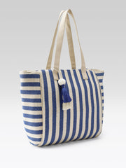 PRIMROSE Striped Tote Bag, Blue and Cream, Canvas Material, Patchwork Design, Shoulder Bag (Blue & Cream)