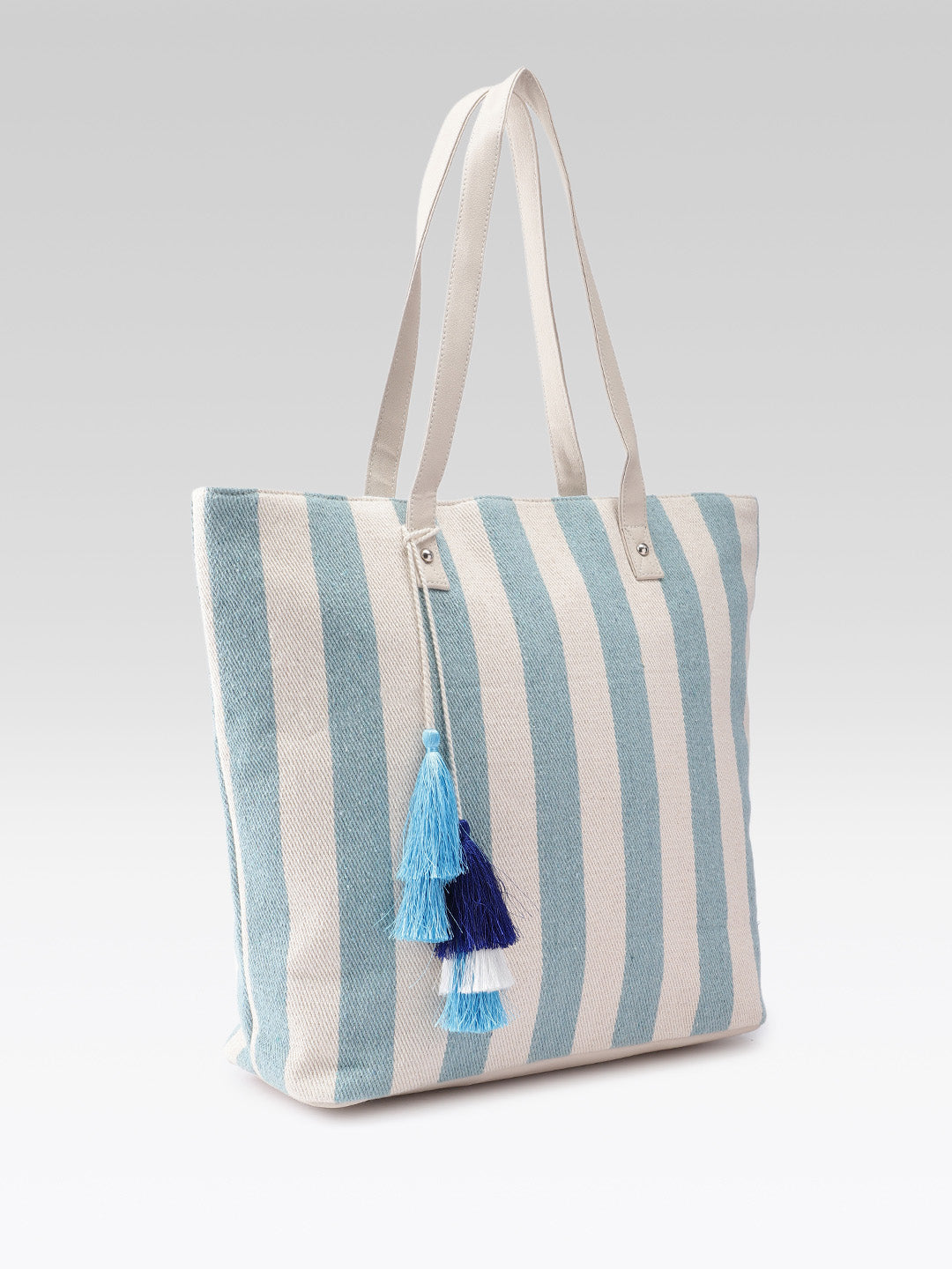 PRIMROSE Striped Tote Bag with Tassel, Blue and Cream, Cotton Material, Shoulder Bag with Beige Handles