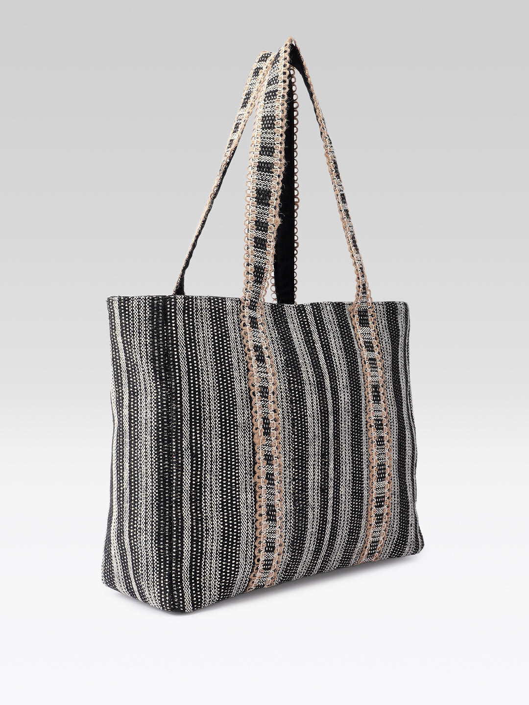 PRIMROSE Woven Striped Tote Bag, Black, Braided Handles