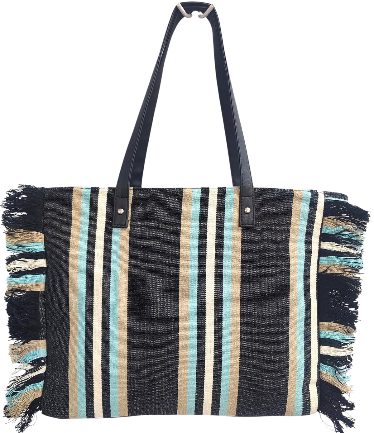 PRIMROSE Striped Beach Tote Bag, Jacquard Material, Black with Turquoise and Beige Stripes, Fringe Detail, Shoulder Straps