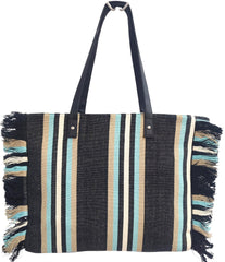 PRIMROSE Striped Beach Tote Bag, Jacquard Material, Black with Turquoise and Beige Stripes, Fringe Detail, Shoulder Straps