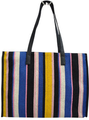 PRIMROSE Striped Tote Bag, Multicolor Canvas, Black Leather Handles, Yellow Blue Pink Stripes