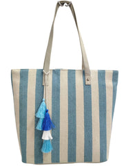 PRIMROSE Striped Tote Bag with Tassel, Blue and Cream, Cotton Material, Shoulder Bag with Beige Handles