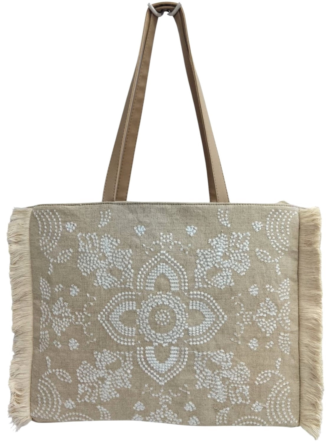 PRIMROSE Jute Tote Bag with Sequin Embellishment, Beige, Fringe Detail, Shoulder Handles