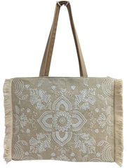 PRIMROSE Jute Tote Bag with Sequin Embellishment, Beige, Fringe Detail, Shoulder Handles