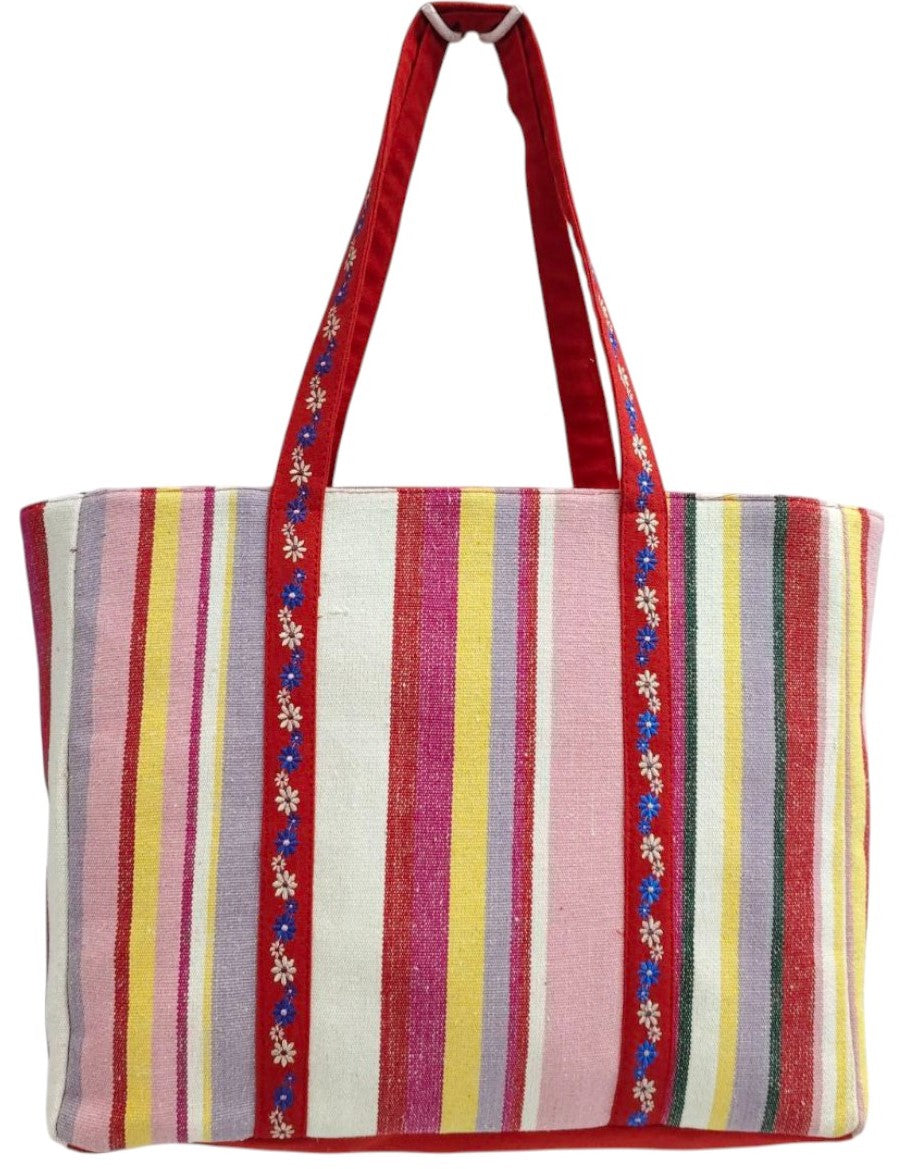 PRIMROSE Multicolor Striped Tote Bag with Floral Embroidered Handles, Red Trim, Canvas Material