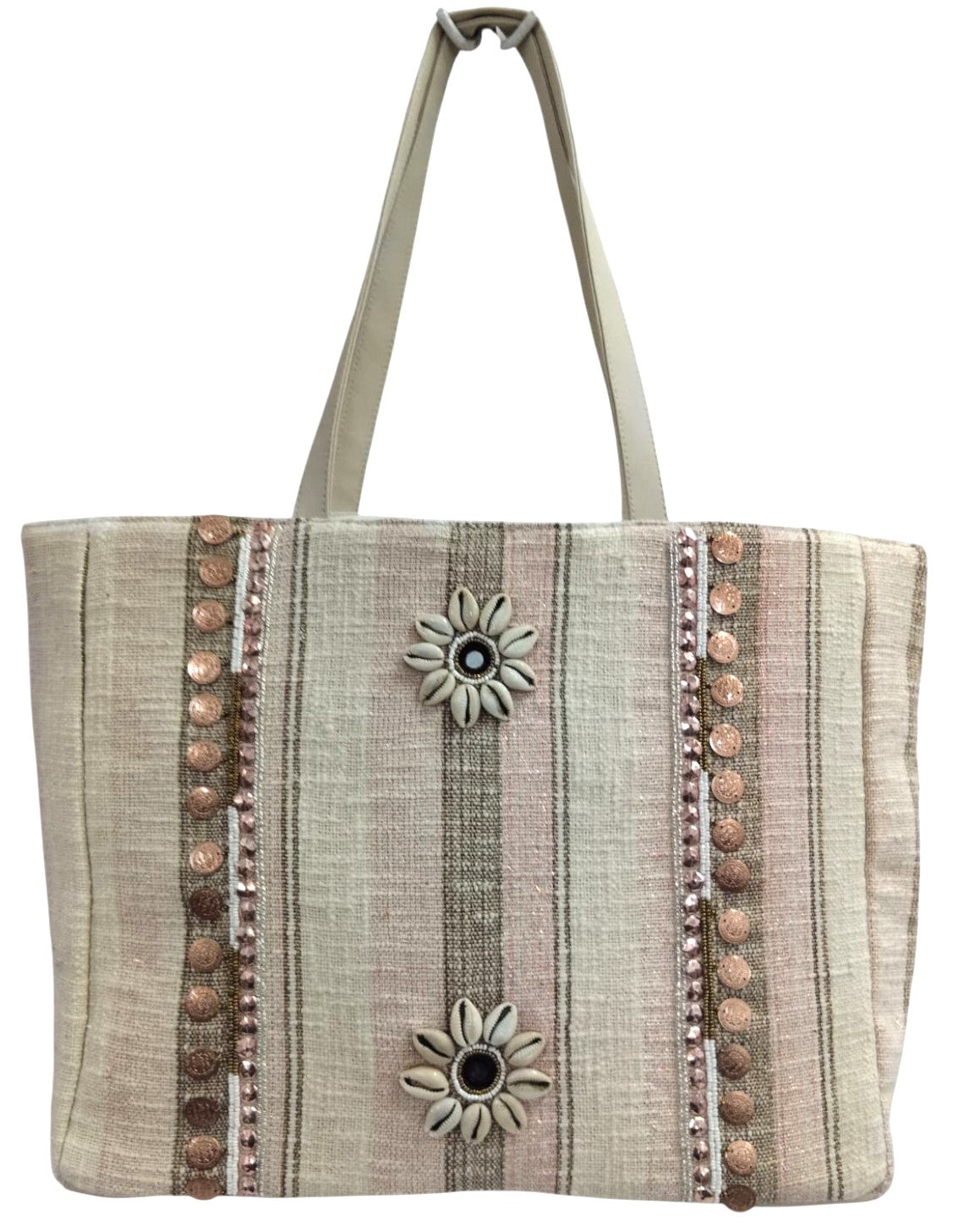 PRIMROSE Striped Tote Bag with Floral Embellishment, Beige, Jacquard, Shoulder Bag, Embroidered Design