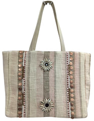 PRIMROSE Striped Tote Bag with Floral Embellishment, Beige, Jacquard, Shoulder Bag, Embroidered Design