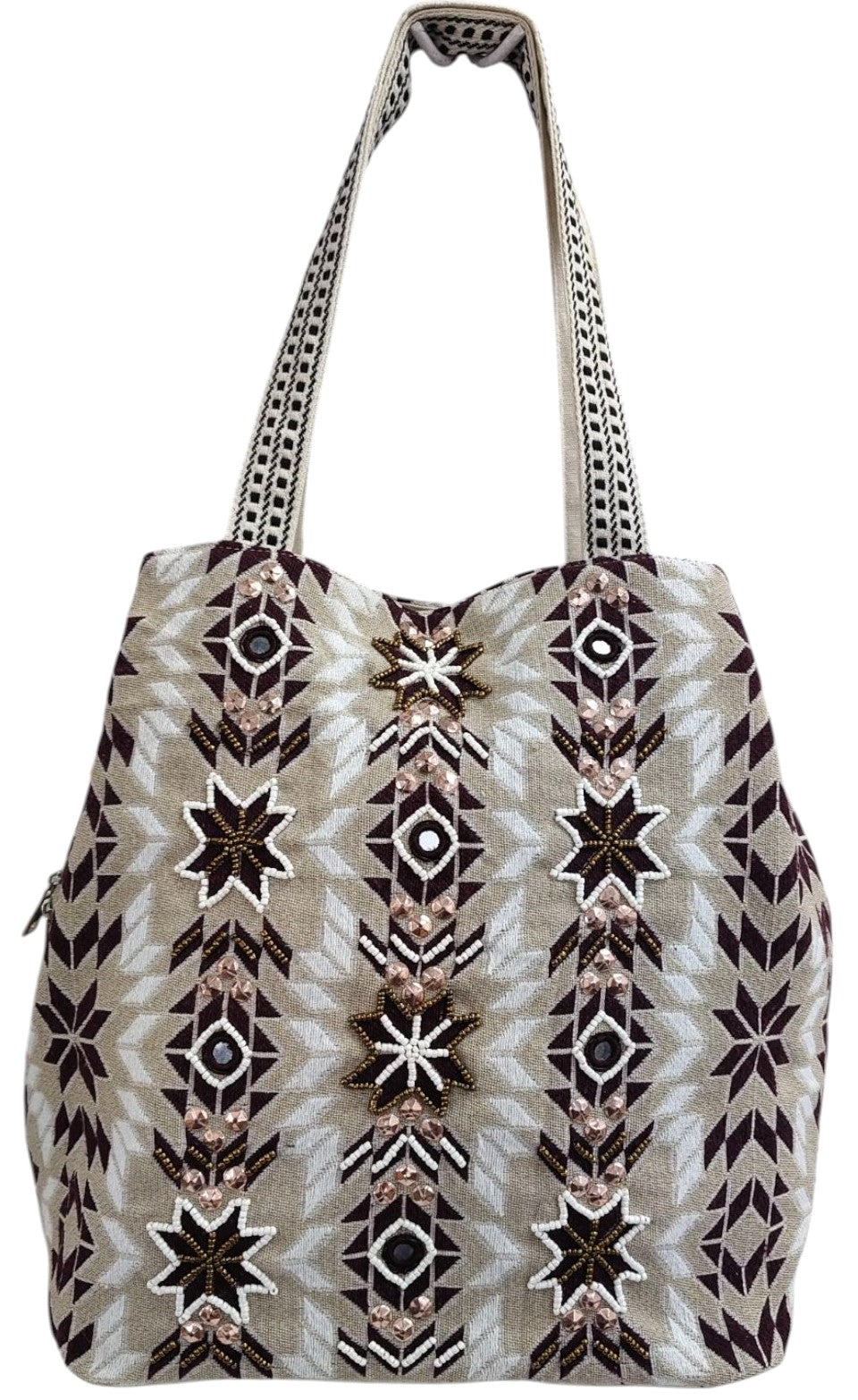 PRIMROSE Embroidered Tote Bag, Beige Brown White, Shoulder Bag with Decorative Straps