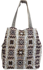 PRIMROSE Embroidered Tote Bag, Beige Brown White, Shoulder Bag with Decorative Straps