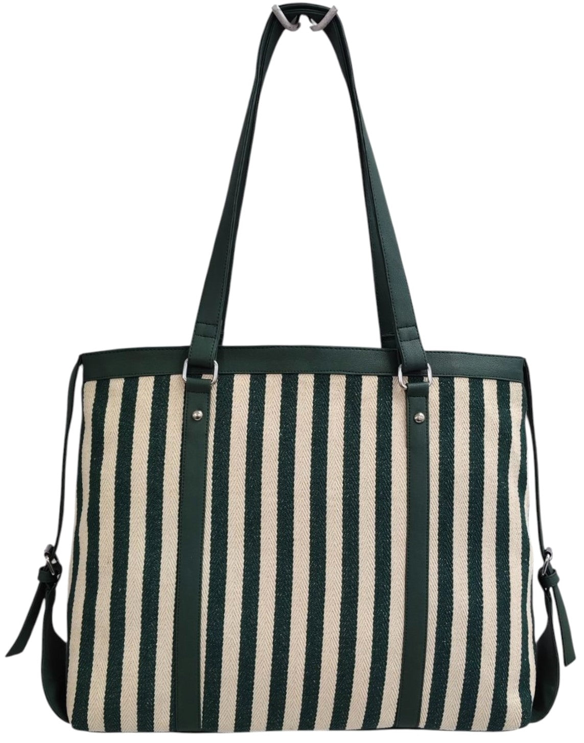 PRIMROSE Striped Canvas Tote Bag, Green and Beige, Shoulder Bag with Dual Handles