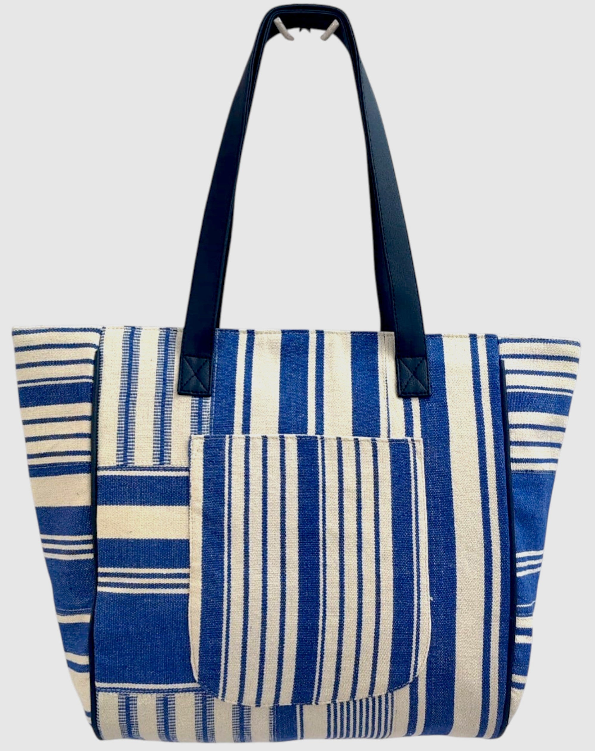 PRIMROSE Striped Tote Bag, Blue and Cream, Canvas Material, Patchwork Design, Shoulder Bag
