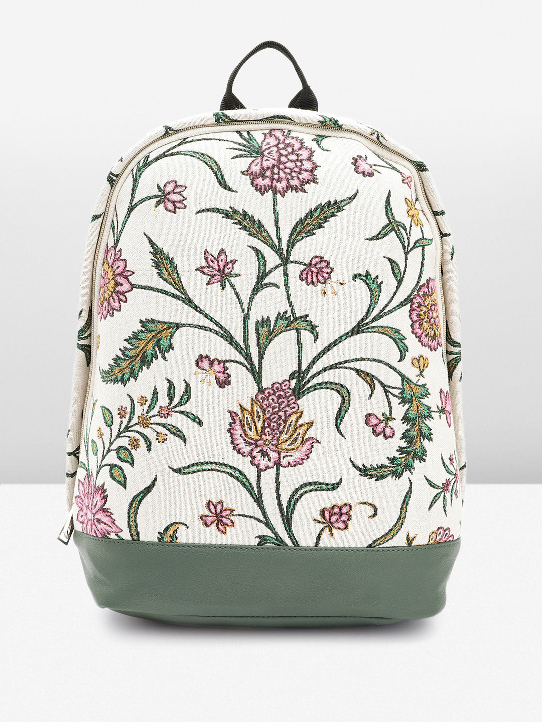 PRIMROSE Floral Canvas Backpack with Pink Flowers and Green Leaves, Cream Base, Black Straps
